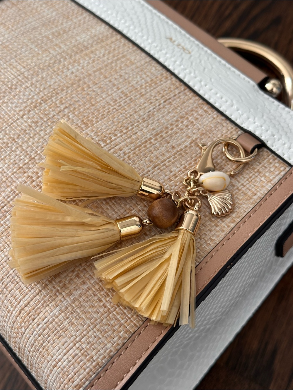 ALDO Beige, White & Tan Straw Satchel with Tassel Charm - Picture 3 of 6